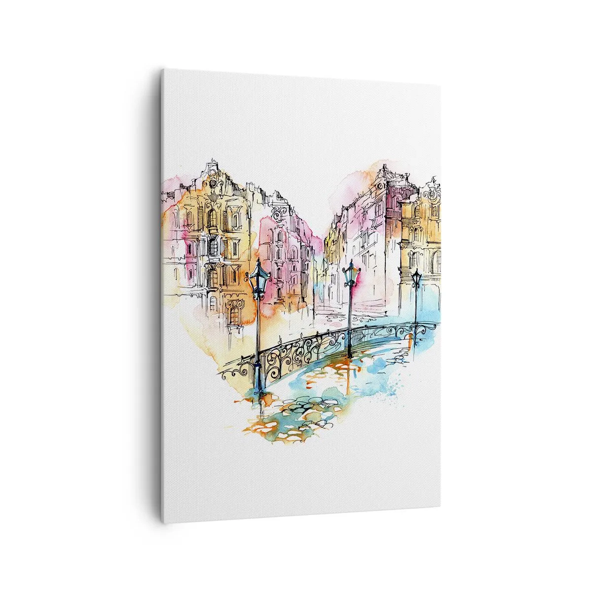 Bild auf Leinwand - Leinwandbild - Aquarell einer Brücke und herzförmigen Mietshäusern - 70x100cm - Das Herz der Stadt - Moderne Wanddekoration für Wohnzimmer und Schlafzimmer ARTTOR