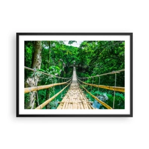 Poster in einem schwarzem Rahmen - Eine hängende Bambusbrücke, umgeben von Grün - 70x50cm - Monkey Bridge über das Grün - Moderne Wanddekoration für Wohnzimmer und Schlafzimmer ARTTOR