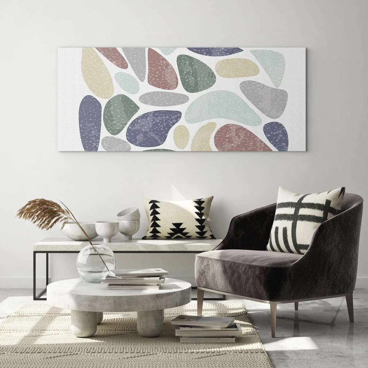 Glasbild - Bild auf glas - Bunte organische Formen auf weißem Hintergrund - 140x50cm - Mosaik aus pulverförmigen Farben - Moderne Wanddekoration für Wohnzimmer und Schlafzimmer ARTTOR