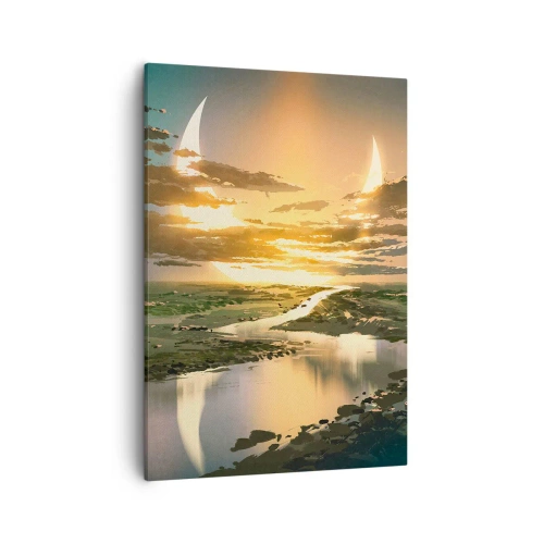 Bild auf Leinwand - Leinwandbild - Eine fantastische Landschaft mit zwei Monden am Horizont - 50x70cm - Irgendwo in einer weit, weit entfernten Galaxie - Moderne Wanddekoration für Wohnzimmer und Schlafzimmer ARTTOR