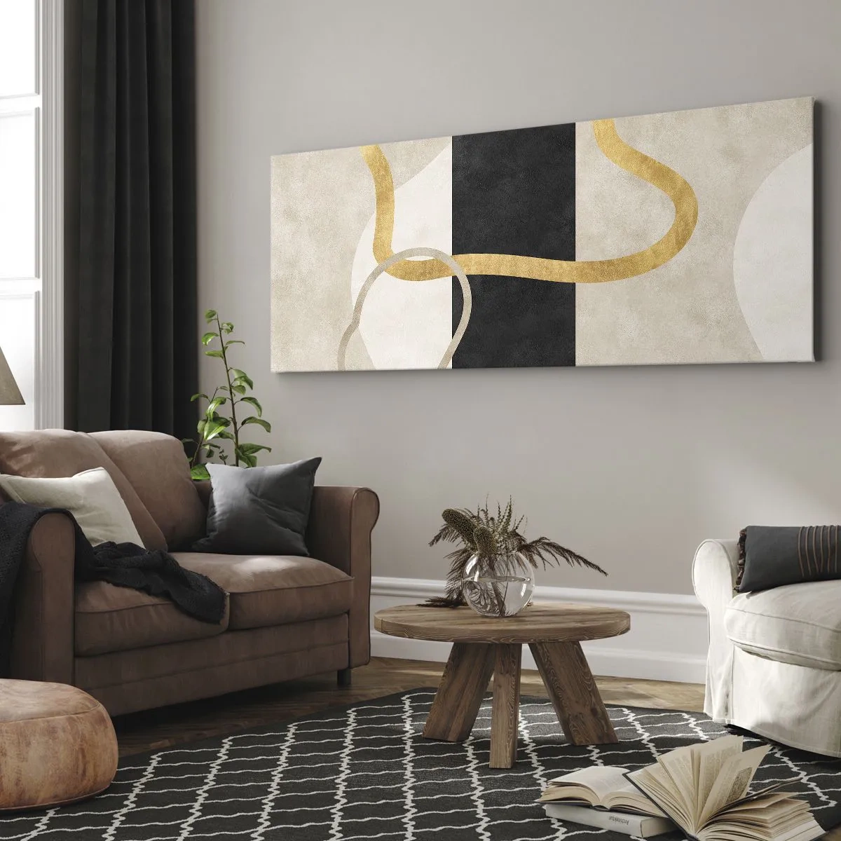 Bild auf Leinwand - Leinwandbild - Ein minimalistisches Design mit geschwungenen Formen in Gold und Schwarz. - 160x50cm - Schleifenformen - Moderne Wanddekoration für Wohnzimmer und Schlafzimmer ARTTOR