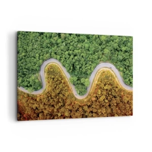Bild auf Leinwand - Leinwandbild - Eine kurvenreiche Straße durch den Wald aus der Vogelperspektive gesehen - 100x70cm - Grenzen und Durchbrüche - Moderne Wanddekoration für Wohnzimmer und Schlafzimmer ARTTOR