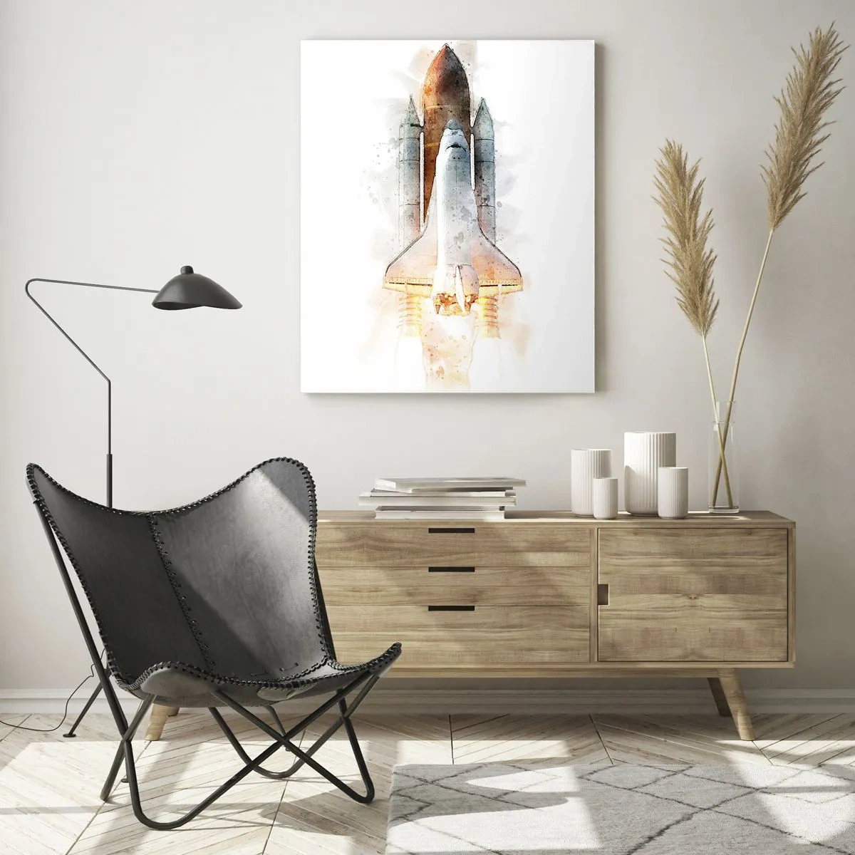 Glasbild - Bild auf glas - Eine künstlerische Aquarell-Interpretation eines startenden Space Shuttles - 70x100cm - Entdecker für den Anfang - Moderne Wanddekoration für Wohnzimmer und Schlafzimmer ARTTOR