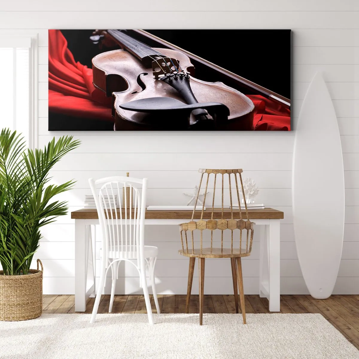 Bild auf Leinwand - Leinwandbild - Geige auf rotem Stoff mit schwarzem Hintergrund - 140x50cm - Musik der Gefühle - Moderne Wanddekoration für Wohnzimmer und Schlafzimmer ARTTOR