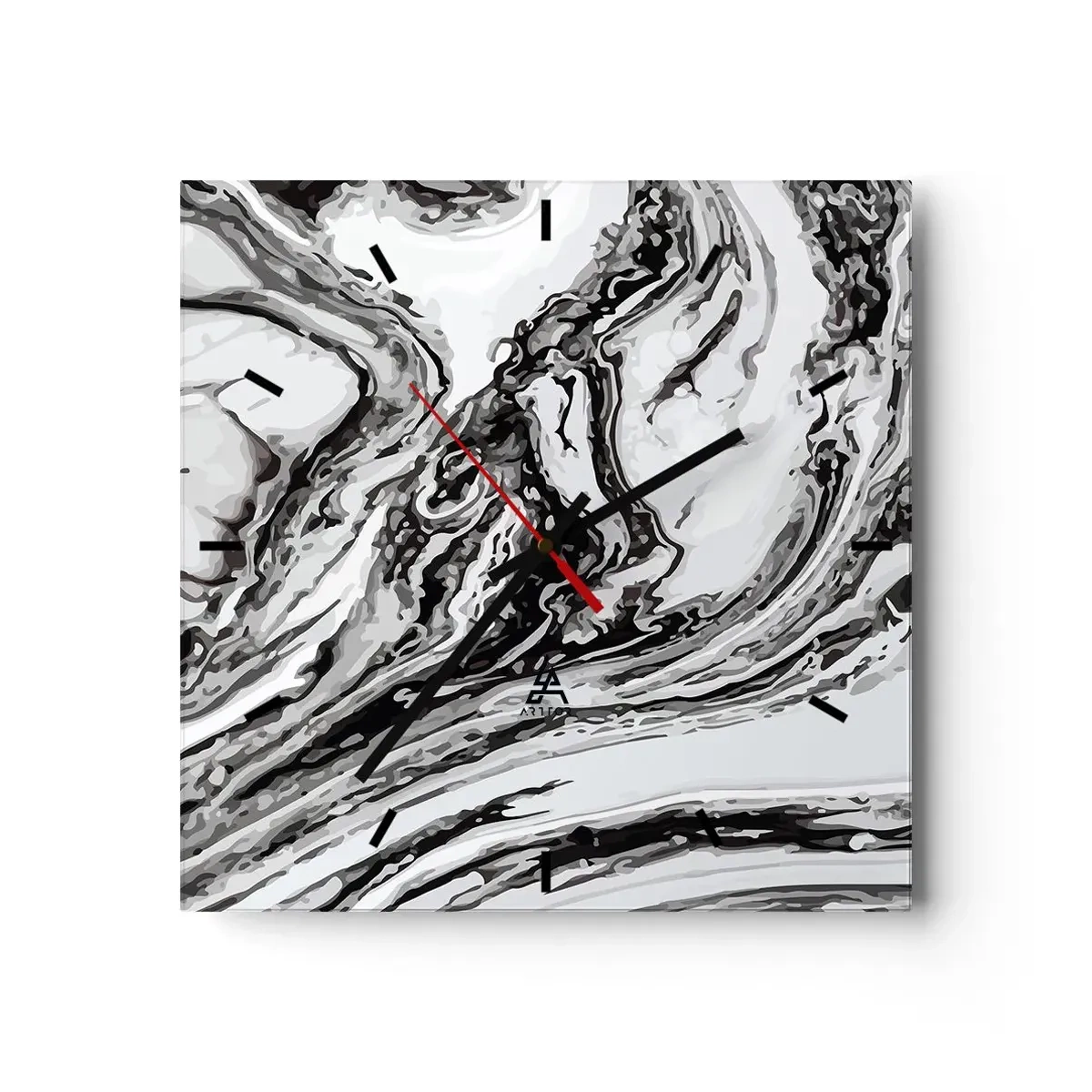 Wanduhr - Glasuhr - Abstraktes Marmormuster in Schwarz und Weiß - 30x30cm - Am Anfang war Chaos - Moderne Wanddekoration für Wohnzimmer und Schlafzimmer ARTTOR