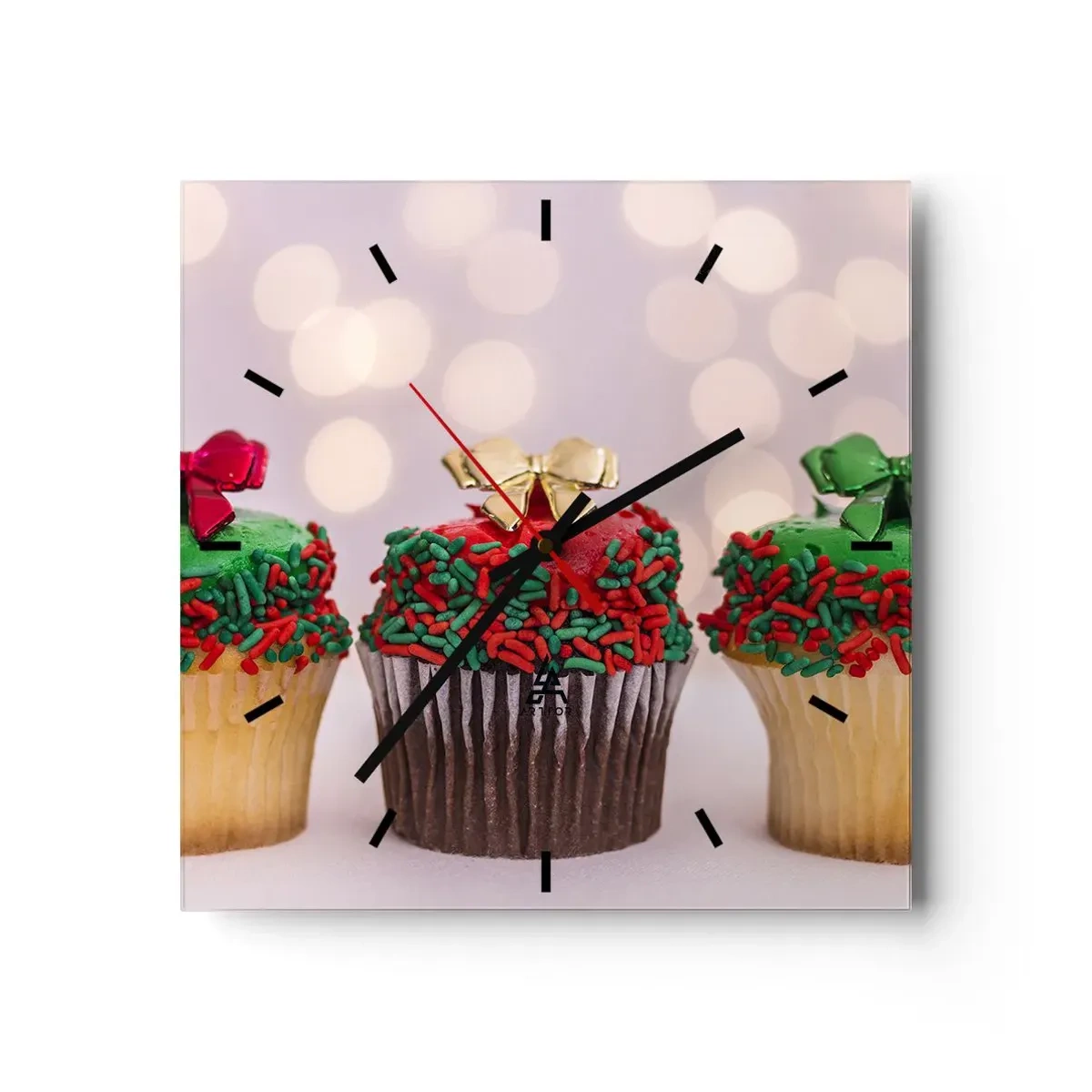 Wanduhr - Glasuhr - Weihnachts-Cupcakes mit bunten Streuseln und Schleifen - 30x30cm - Süßigkeiten bis zu der Schleife - Moderne Wanddekoration für Wohnzimmer und Schlafzimmer ARTTOR