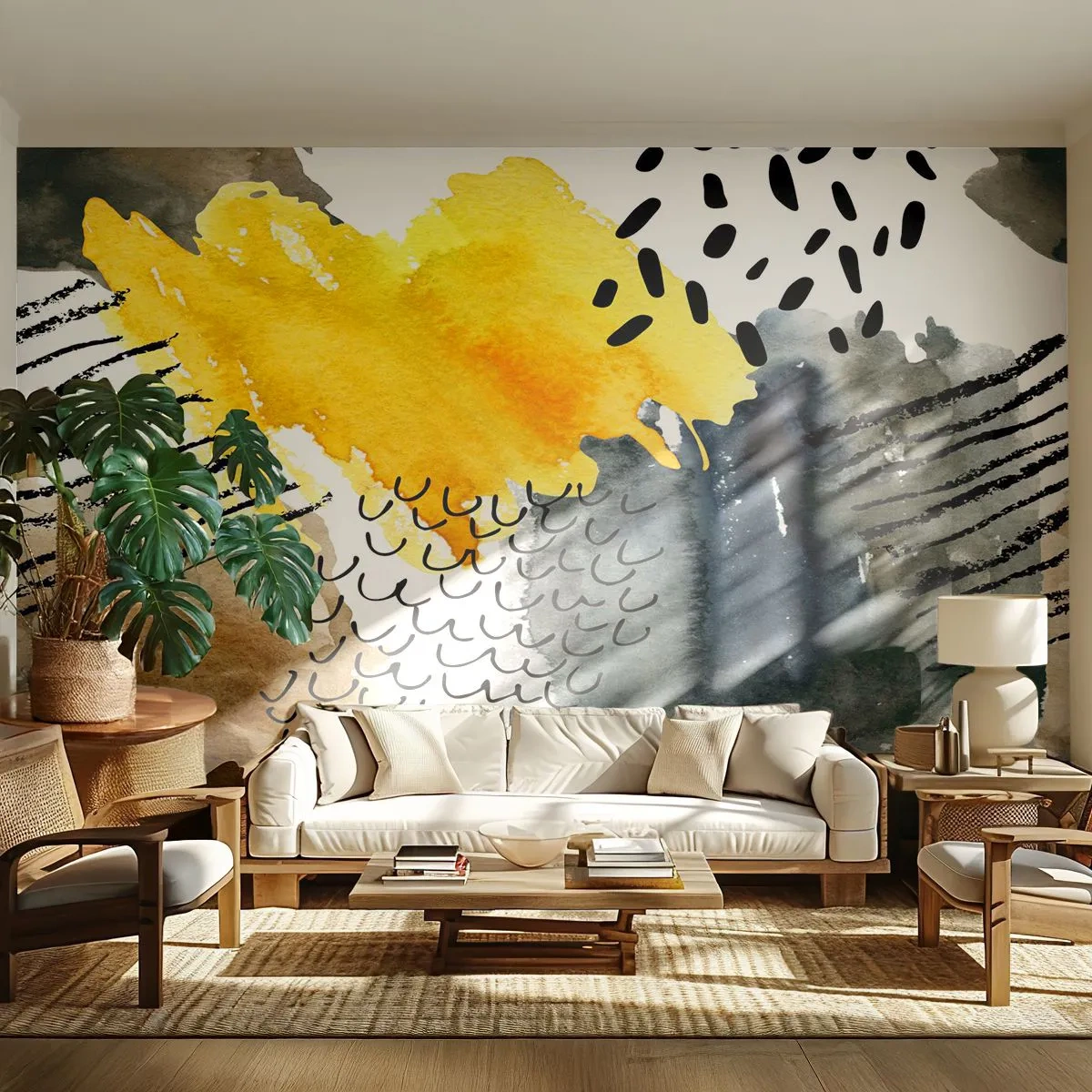 Fototapete Premium Sand - Abstrakte Aquarellkomposition in Gelb- und Schwarztönen - 100x70cm - Ein Treffen der Elemente der Natur - Moderne Wanddekoration für Wohnzimmer und Schlafzimmer ARTTOR