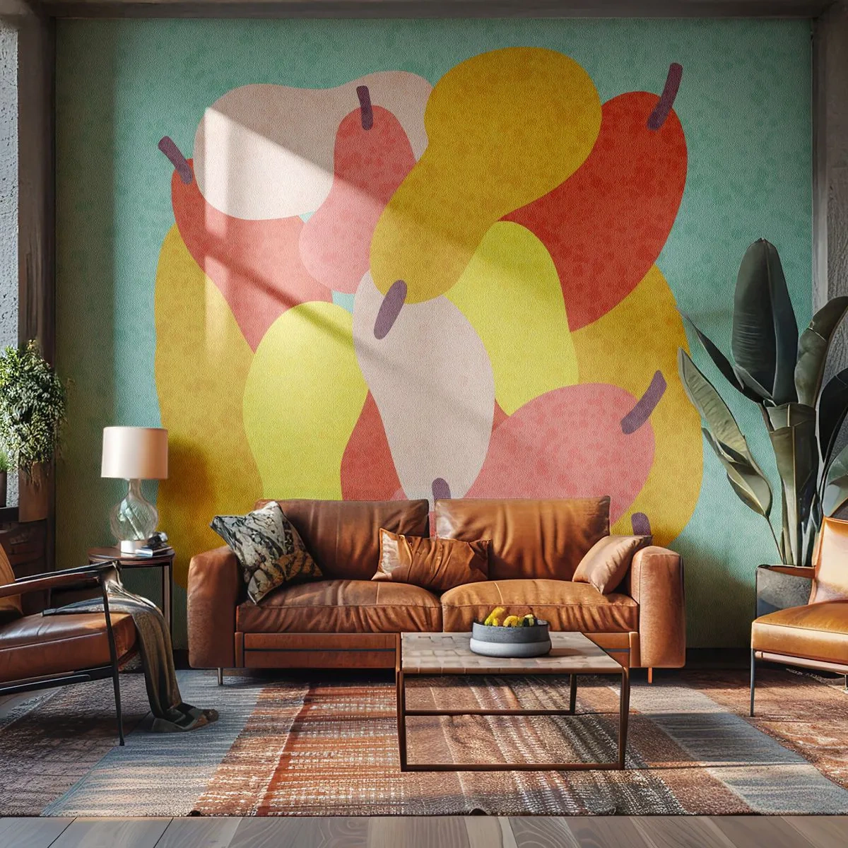 Fototapete Premium Sand - Bunte abstrakte Birnen auf mintfarbenem Hintergrund - 100x70cm - Probieren Sie die Sommersonne - Moderne Wanddekoration für Wohnzimmer und Schlafzimmer ARTTOR