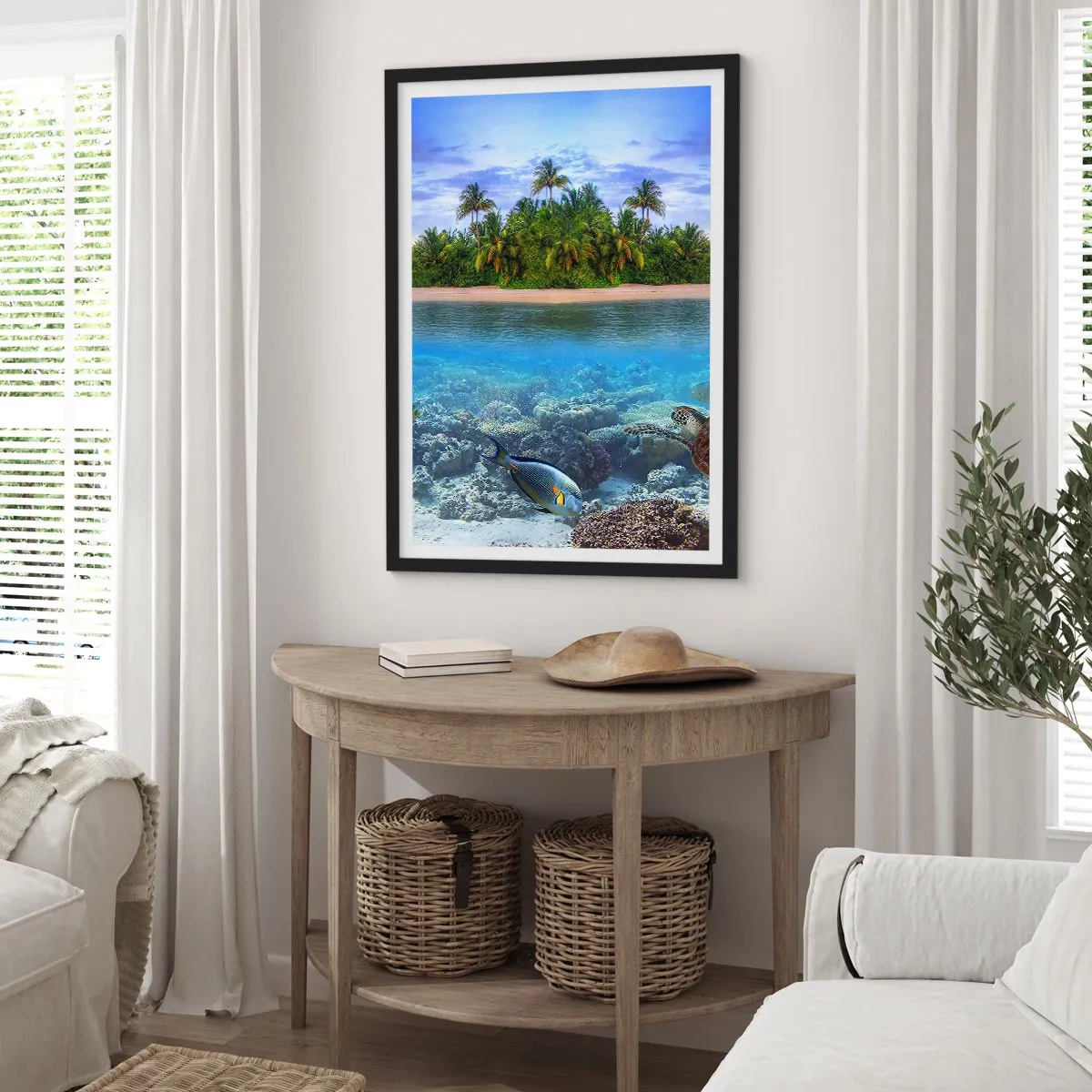 Poster in einem schwarzem Rahmen - Eine tropische Insel mit einem Korallenriff und exotischen Fischen. - 50x70cm - Heavenly Island lädt dich ein - Moderne Wanddekoration für Wohnzimmer und Schlafzimmer ARTTOR