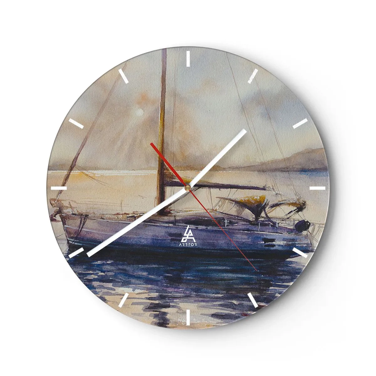 Wanduhr - Glasuhr - Eine Yacht auf dem Wasser bei Sonnenuntergang im Aquarellstil - 30x30cm - Abend in der Bucht - Moderne Wanddekoration für Wohnzimmer, Küche und Schlafzimmer ARTTOR