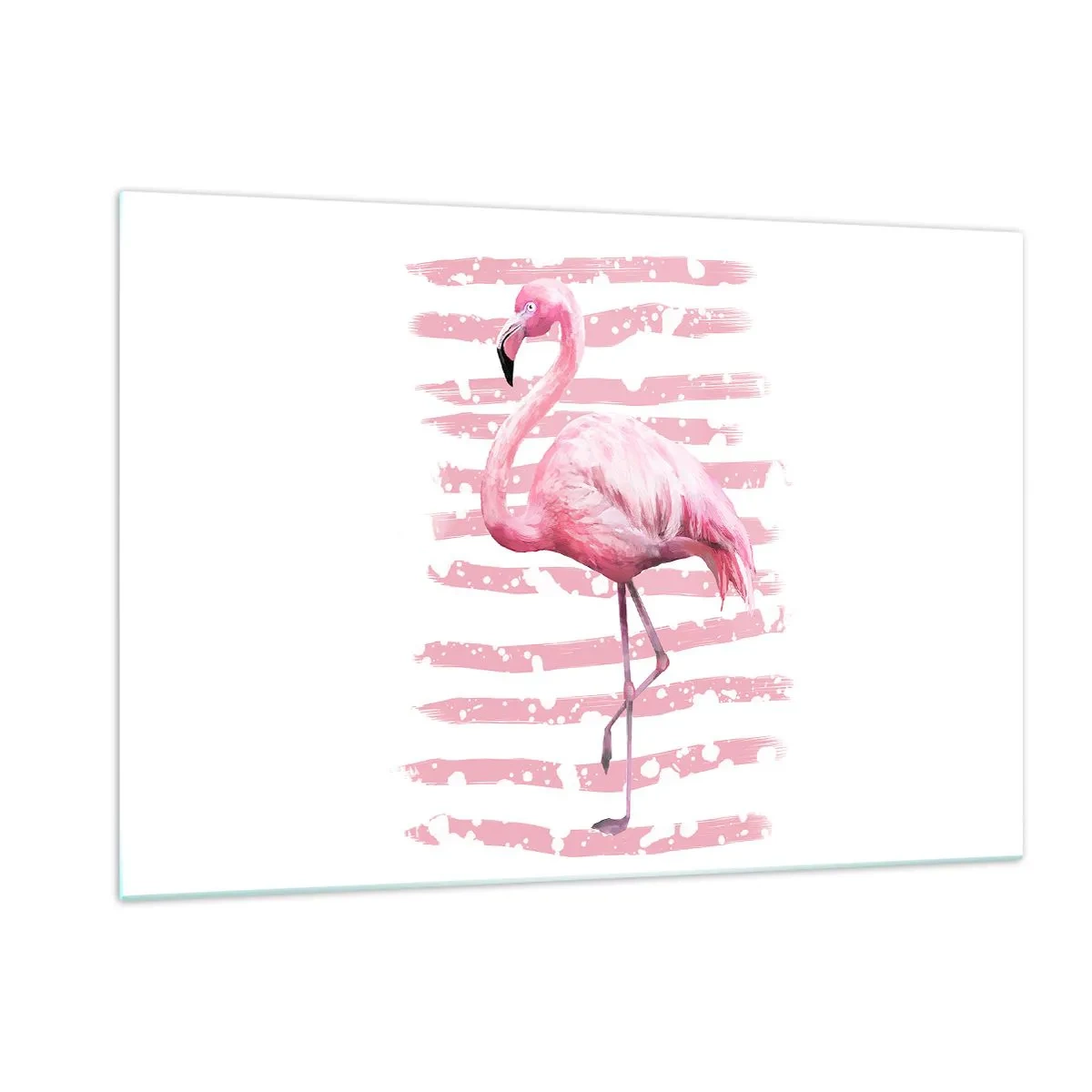 Glasbild - Bild auf glas - Ein rosa Flamingo vor einem Hintergrund aus künstlerischen rosa Streifen. - 120x80cm - In Würde, aber in Pink - Moderne Wanddekoration für Wohnzimmer und Schlafzimmer ARTTOR