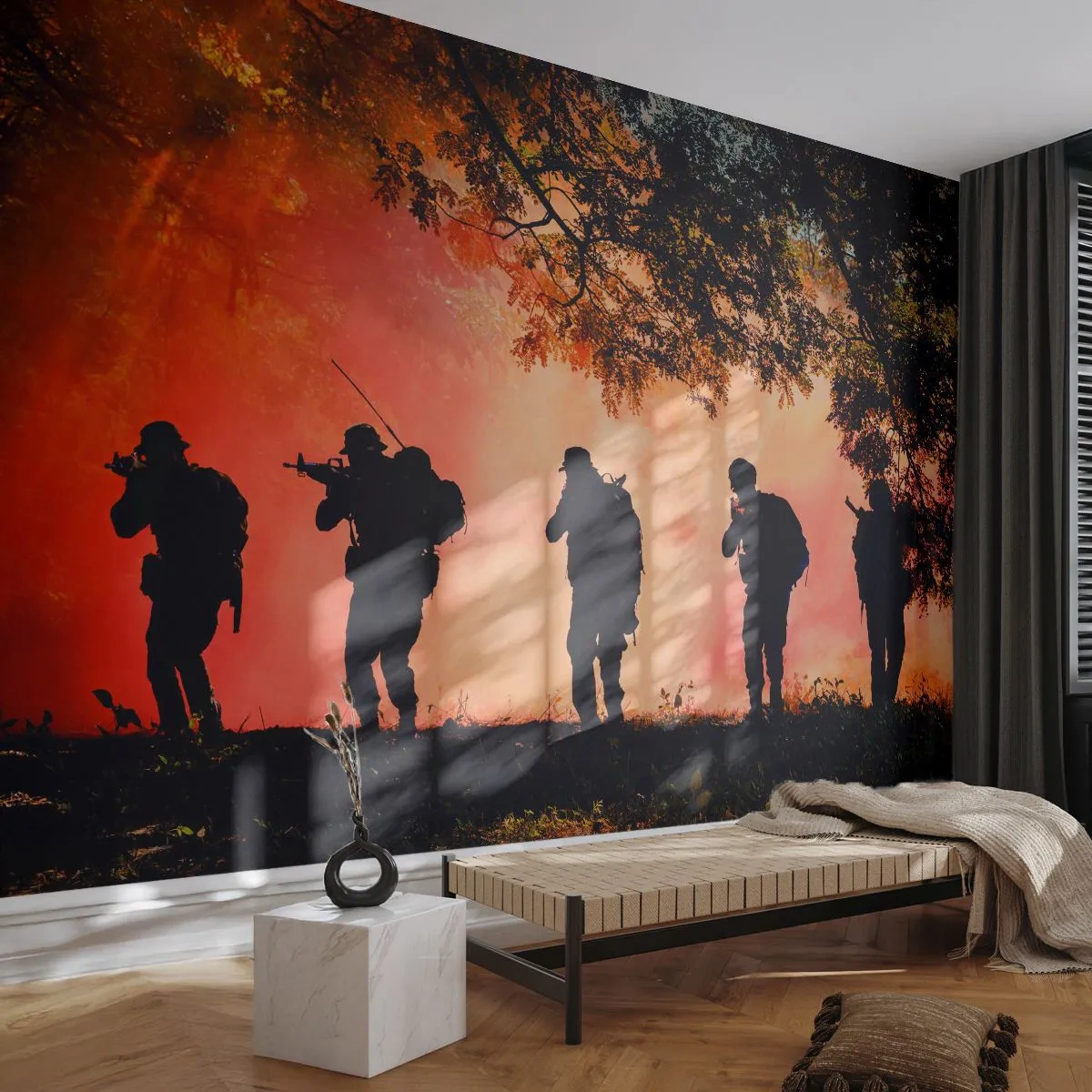 Fototapete Premium Sand - Soldaten marschieren unter rotem Licht und Rauch im Wald. - 100x70cm - … Alle für einen. - Moderne Wanddekoration für Wohnzimmer und Schlafzimmer ARTTOR