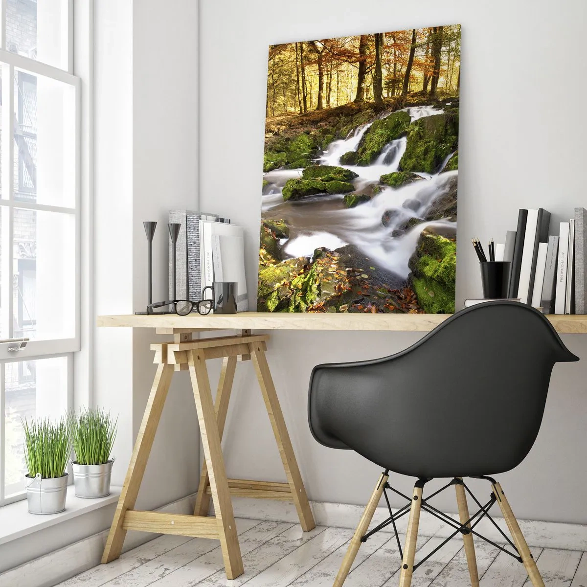 Glasbild - Bild auf glas - Eine bewaldete Landschaft mit einem von Moos umgebenen Wasserfall - 70x100cm - Rasch durch den herbstlichen Wald - Moderne Wanddekoration für Wohnzimmer und Schlafzimmer ARTTOR