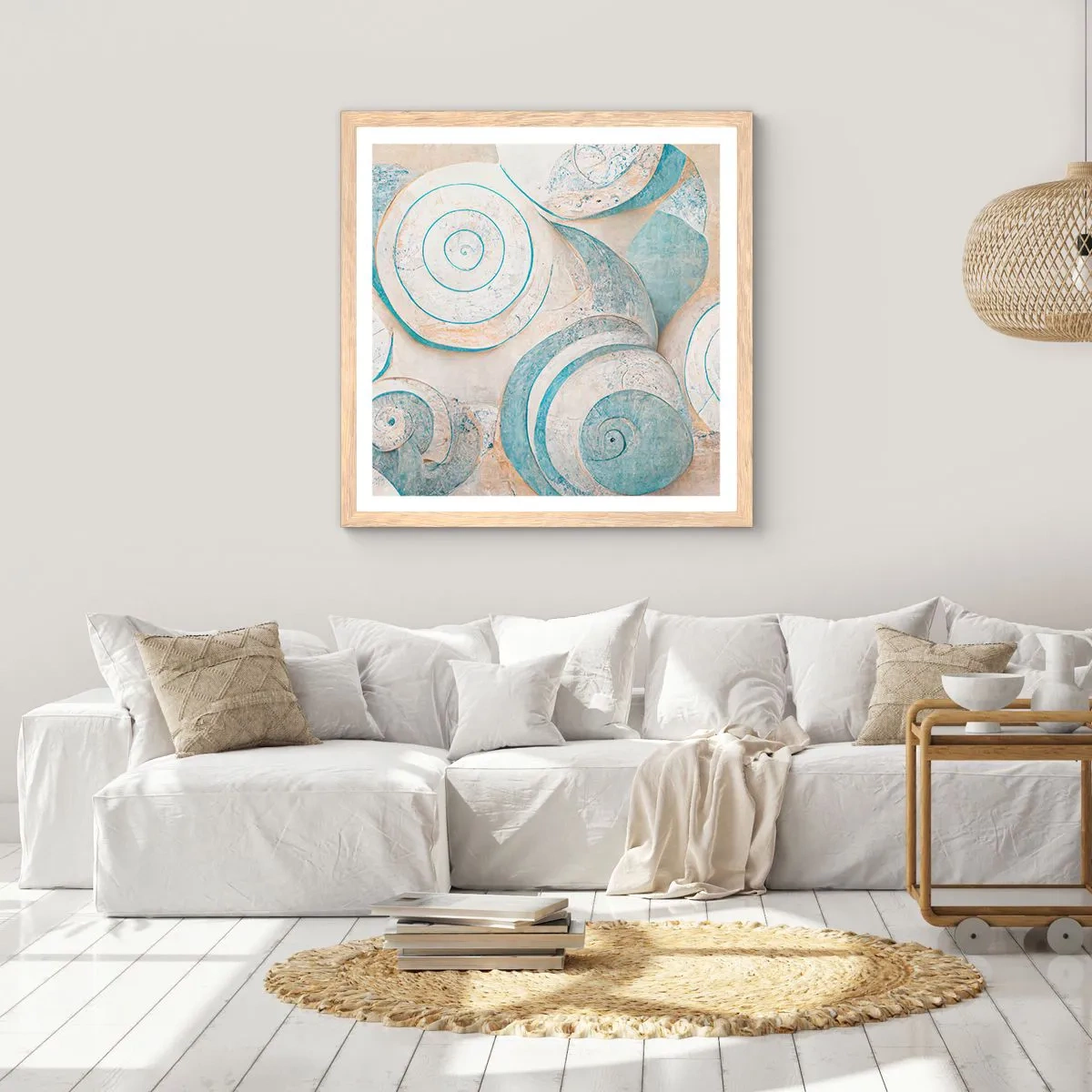 Poster in einem Rahmen aus heller Eiche - Was verbirgt sich in der Muschel? - 60x60 cm