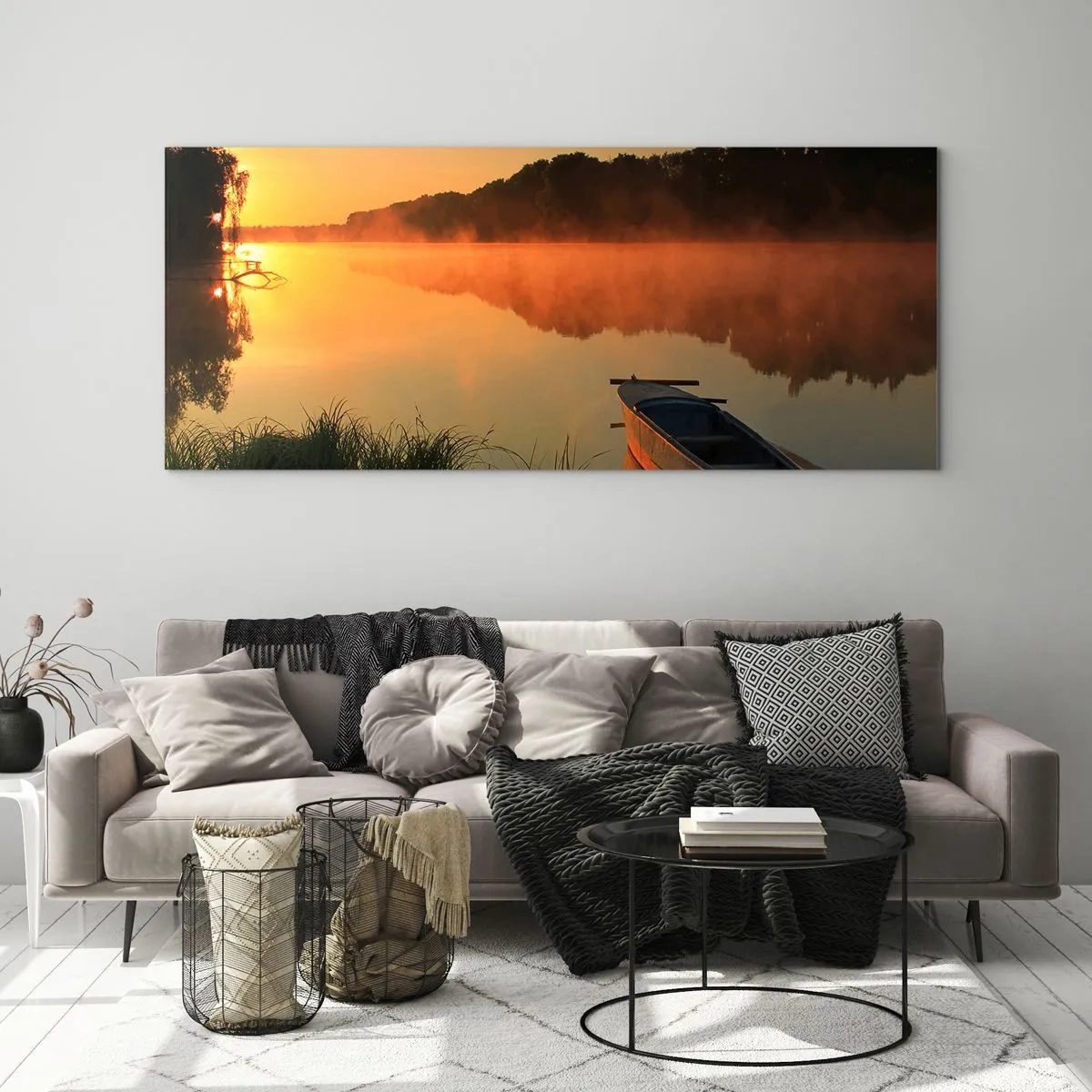 Glasbild - Bild auf glas - Sonnenaufgang über dem Wasser wie ein Spiegel - 100x40 cm