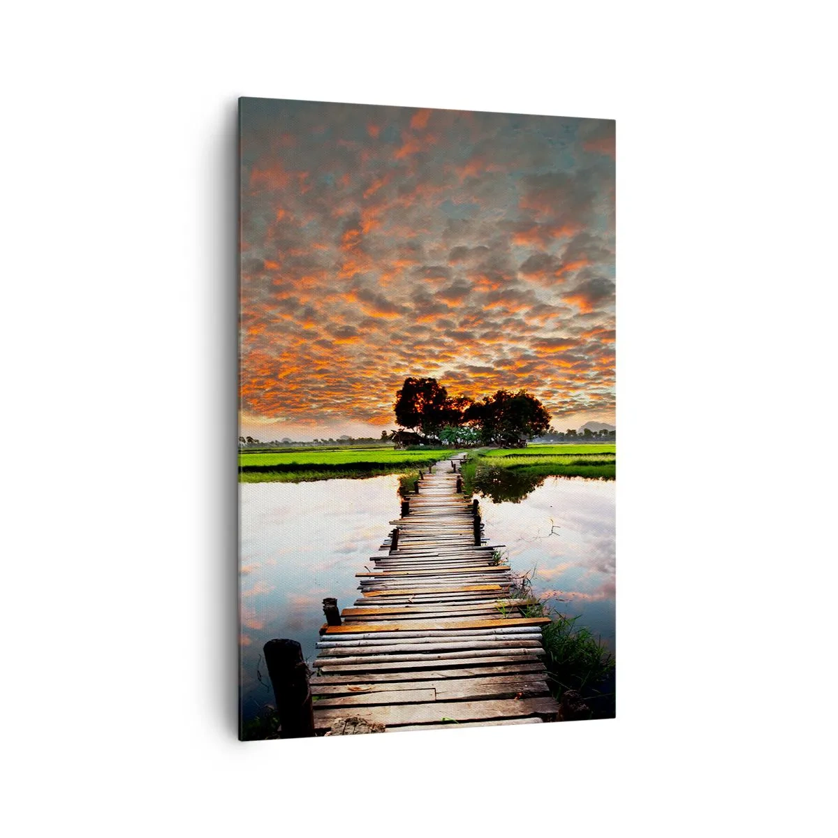 Bild auf Leinwand - Leinwandbild - Holzbrücke über dem Wasser bei Sonnenuntergang - 80x120cm - Arme ausstrecken - atmen - Moderne Wanddekoration für Wohnzimmer und Schlafzimmer ARTTOR