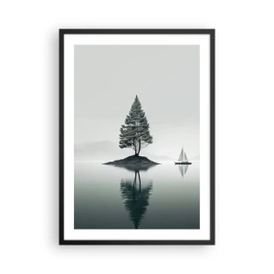 Poster in einem schwarzem Rahmen - Ein einsamer Baum auf einer Insel mit einer Spiegelung im Wasser - 50x70cm - Traum - Moderne Wanddekoration für Wohnzimmer und Schlafzimmer ARTTOR