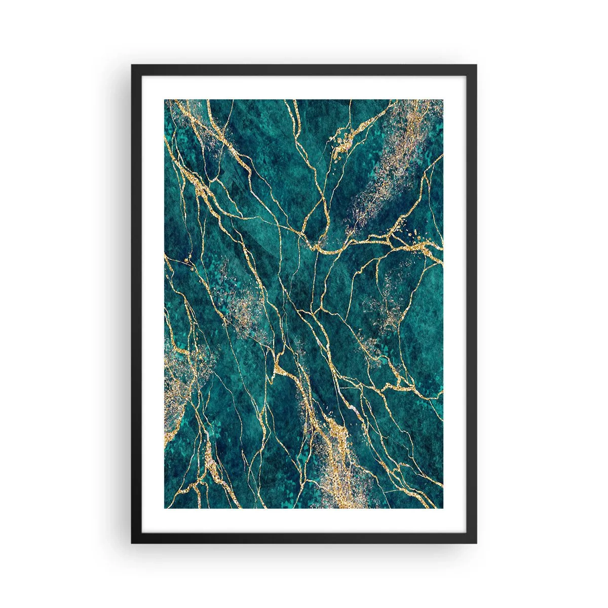 Poster in einem schwarzem Rahmen - Abstrakte Goldadern auf grünem Marmorhintergrund - 50x70cm - Goldmine - Moderne Wanddekoration für Wohnzimmer und Schlafzimmer ARTTOR