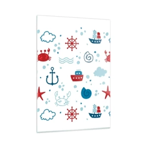 Glasbild - Bild auf glas - Nautische Muster mit Krabben, Ankern und Schiffen - 50x70cm - Märchen vom Meer - Moderne Wanddekoration für Wohnzimmer und Schlafzimmer ARTTOR