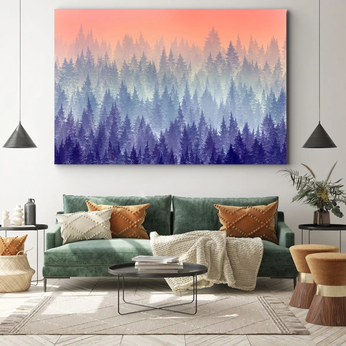 Bild auf Leinwand - Leinwandbild - Ein nebliger Wald in Lila- und Orangetönen - 70x50cm - Hoch, höher, zum Himmel - Moderne Wanddekoration für Wohnzimmer und Schlafzimmer ARTTOR