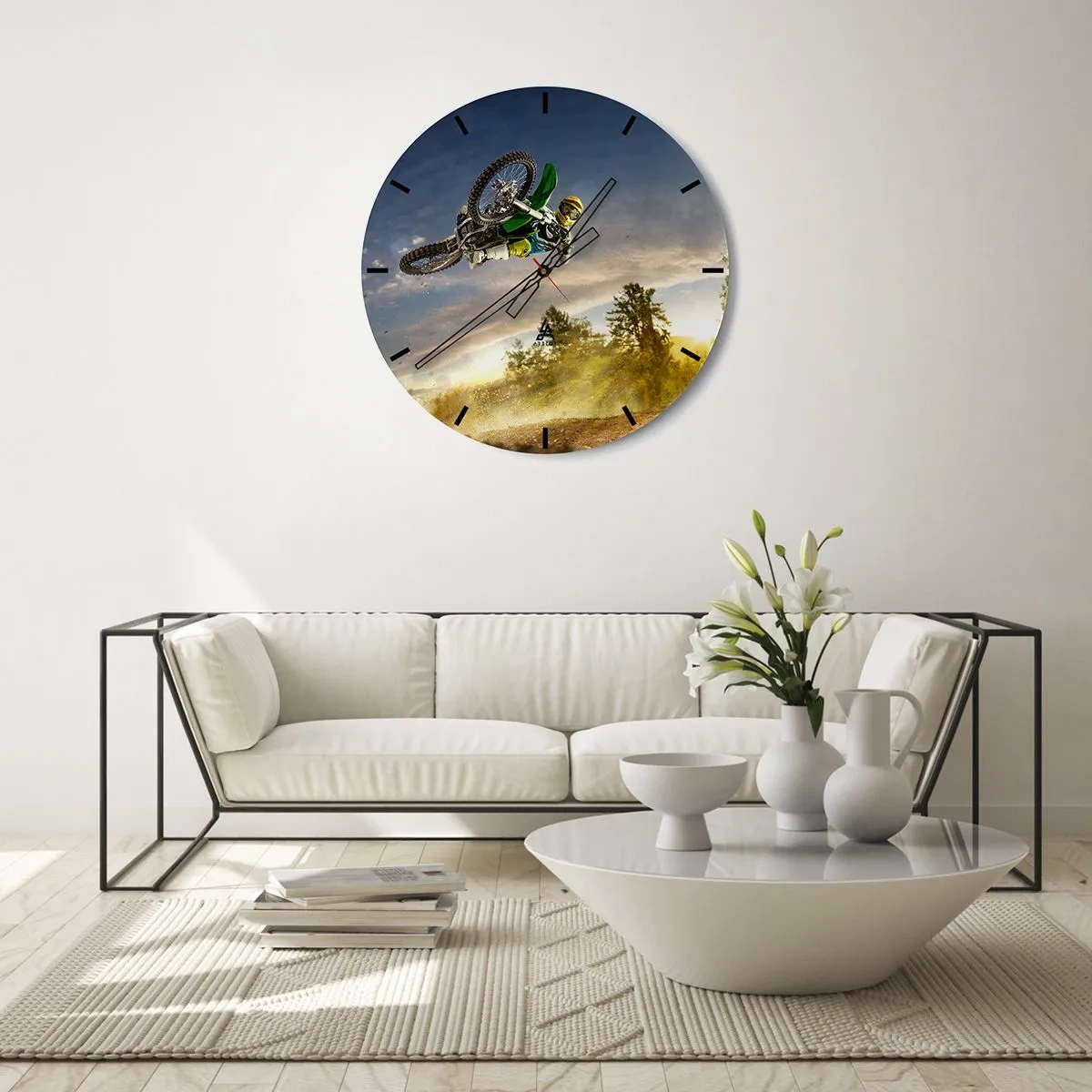 Wanduhr - Glasuhr - Motocross vor der Kulisse der untergehenden Sonne - 30x30cm - Schalten Sie Emotionen ein! - Moderne Wanddekoration für Wohnzimmer, Küche und Schlafzimmer ARTTOR