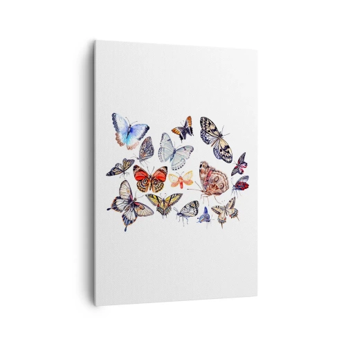 Bild auf Leinwand - Leinwandbild - Bunte Schmetterlinge auf weißem Hintergrund - 70x100cm - Spitzen, bunter Schwarm - Moderne Wanddekoration für Wohnzimmer und Schlafzimmer ARTTOR