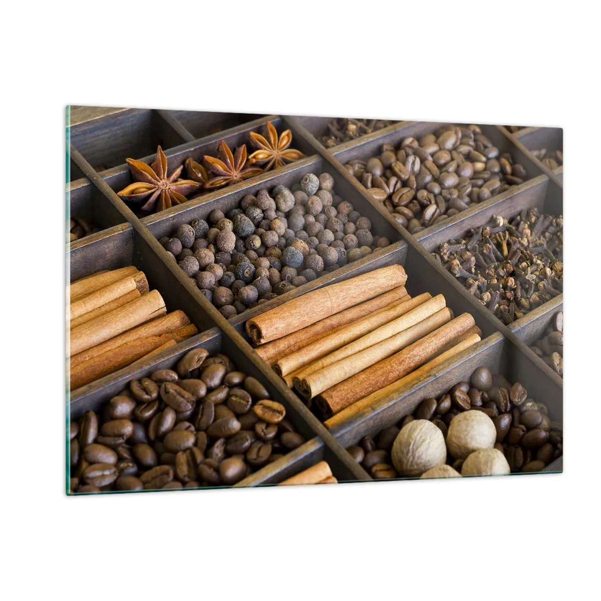 Glasbild - Bild auf glas - Gewürze in Holzfächern - 120x80cm - Eine Fundgrube an Aromen - Moderne Wanddekoration für Wohnzimmer und Schlafzimmer ARTTOR