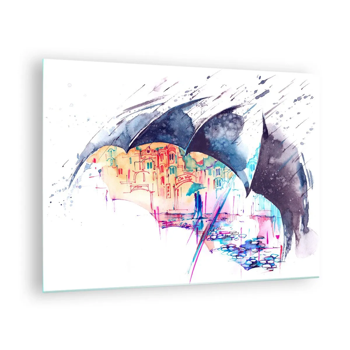 Glasbild - Bild auf glas - Eine bunte Stadt im Hintergrund unter einem schwarzen Regenschirm - 70x50cm - Im Regen spazieren gehen - Moderne Wanddekoration für Wohnzimmer und Schlafzimmer ARTTOR