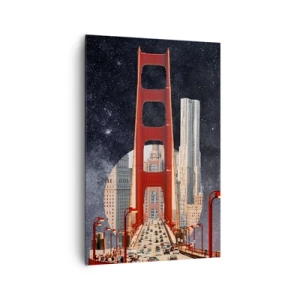 Bild auf Leinwand - Leinwandbild - Die Golden Gate Bridge mit der Stadt im Hintergrund vor einem Sternenhimmel - 80x120cm - Immer im Mittelpunkt - Moderne Wanddekoration für Wohnzimmer und Schlafzimmer ARTTOR