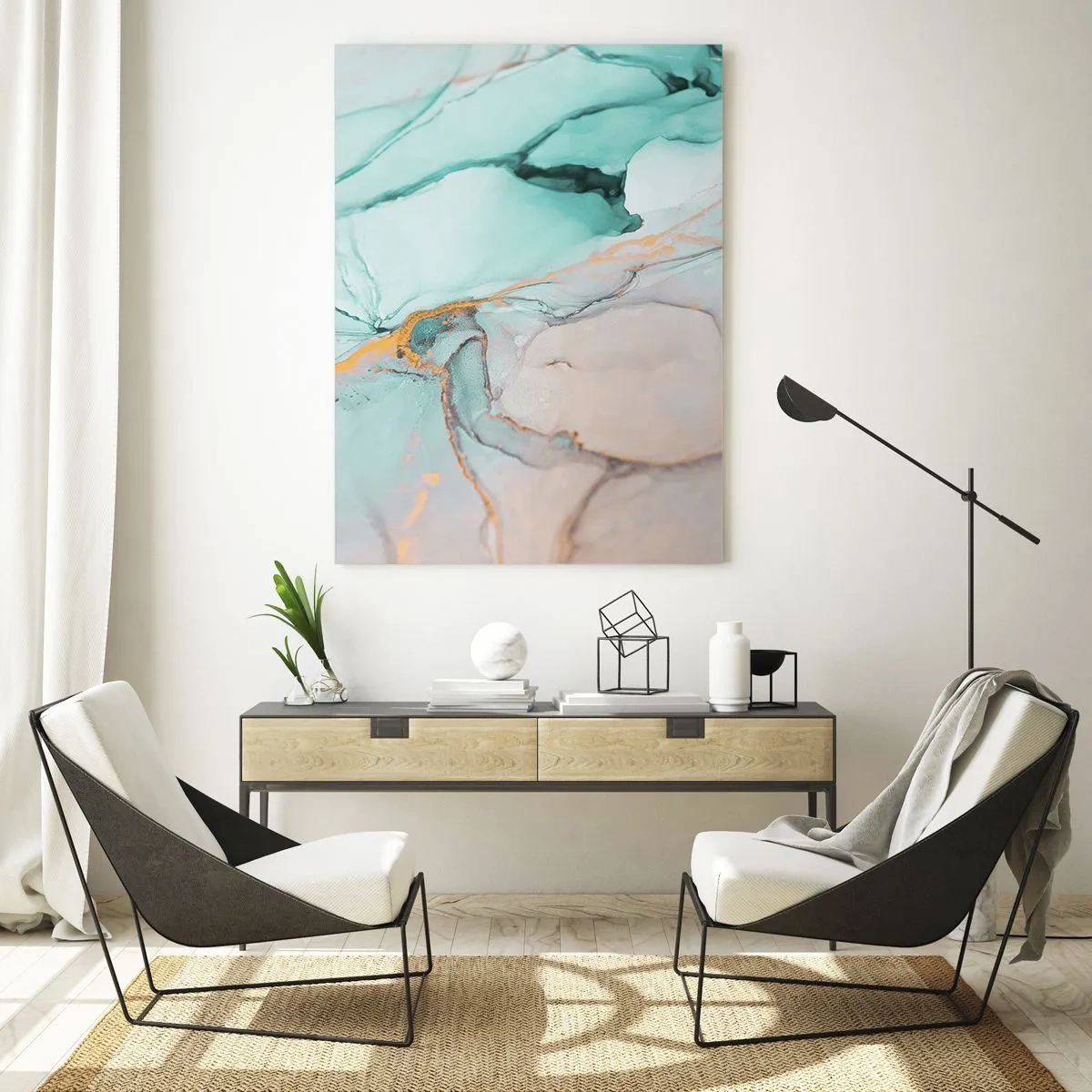 Glasbild - Bild auf glas - Eine abstrakte Komposition in Türkis- und Goldtönen. - 80x120cm - Ein Tanz der Formen und Farben - Moderne Wanddekoration für Wohnzimmer und Schlafzimmer ARTTOR