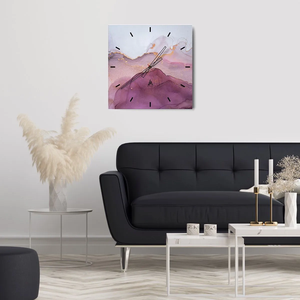 Wanduhr - Glasuhr - Eine abstrakte Komposition in Lila- und Goldtönen. - 30x30cm - Violett und lila Wellen - Moderne Wanddekoration für Wohnzimmer und Schlafzimmer ARTTOR