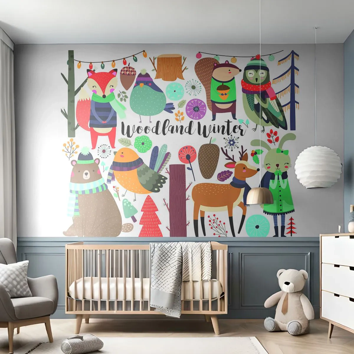 Selbstklebende Fototapete Deluxe Sticker - Märchenhafter Urlaub im Wald - Für Kinder, Winter im Wald, Tiere - 100x70 cm