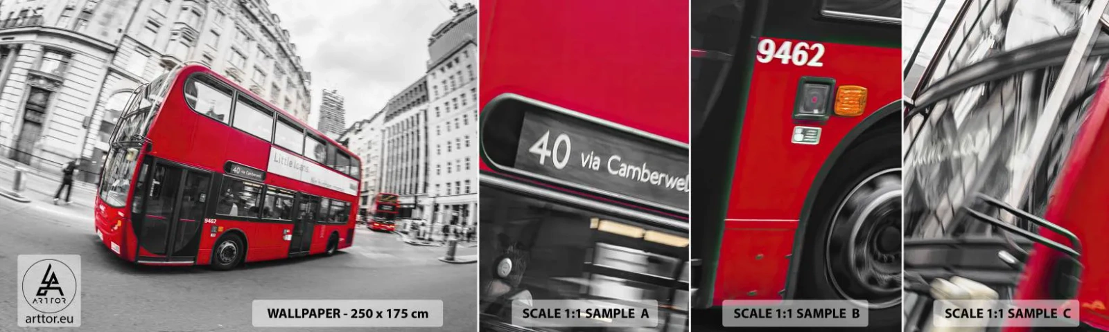 Fototapeten Muster Selbstklebend Deluxe Sticker - London traditionell - mit dem Bus - Stadt, London, roter Bus - 100x30 cm