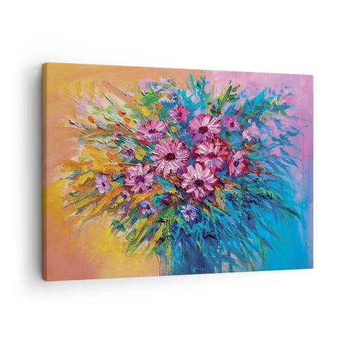 Bild auf Leinwand - Leinwandbild - Bunte Blumen in einem Strauß vor pastellfarbenem Hintergrund - 70x50cm - Lebensenergie - Moderne Wanddekoration für Wohnzimmer und Schlafzimmer ARTTOR