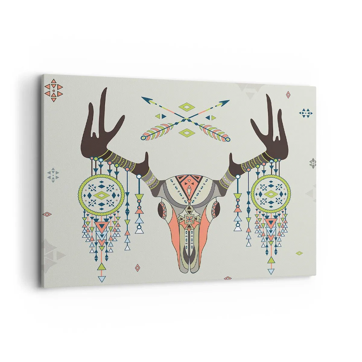 Bild auf Leinwand - Leinwandbild - Boho Deko mit Hirschschädel und Traumfänger - 100x70cm - Indische Jägertrophäe - Moderne Wanddekoration für Wohnzimmer und Schlafzimmer ARTTOR
