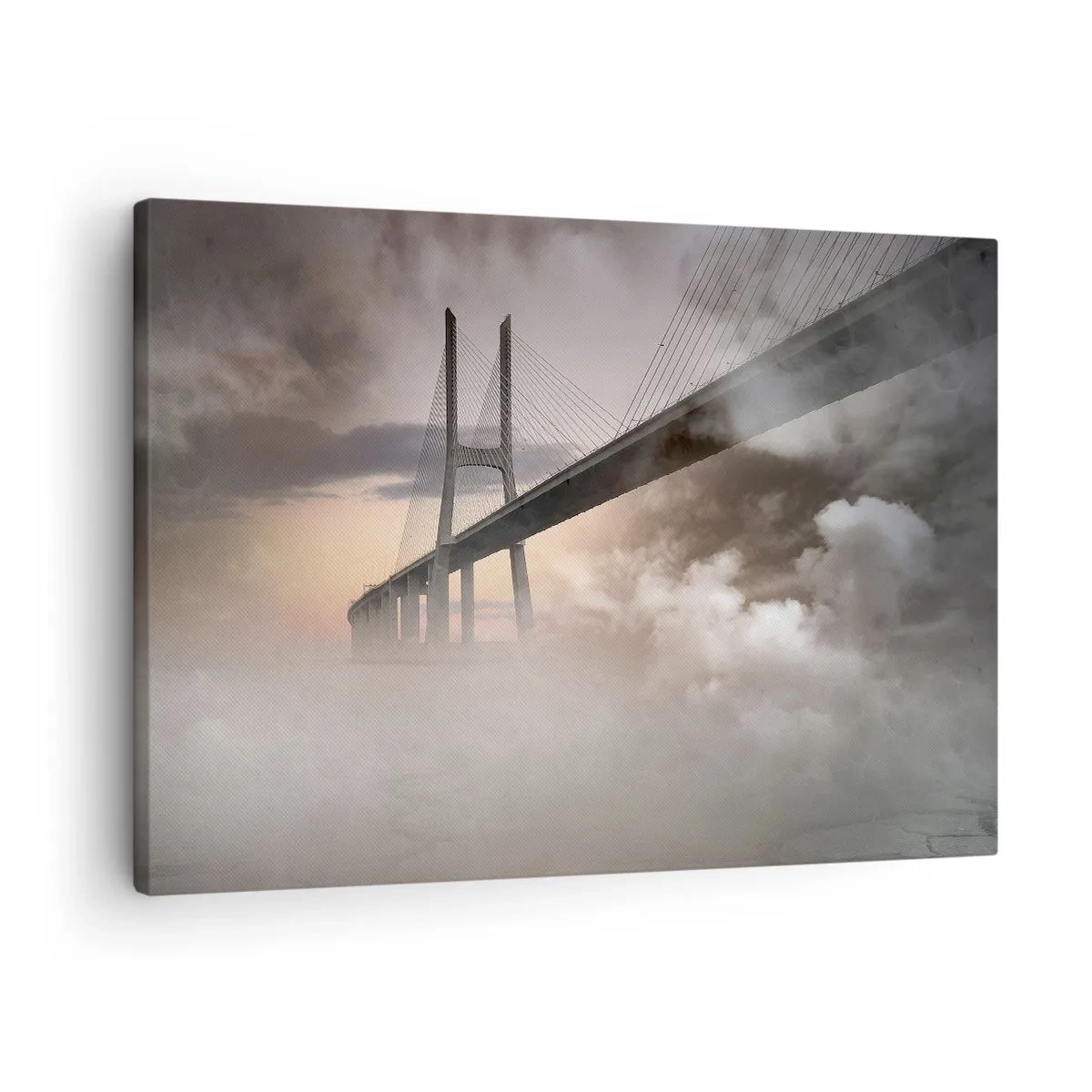 Bild auf Leinwand - Leinwandbild - Eine Brücke über einen Fluss, umgeben von Nebel am Morgen - 70x50cm - Auf dem Fluss, den es nicht gibt - Moderne Wanddekoration für Wohnzimmer und Schlafzimmer ARTTOR