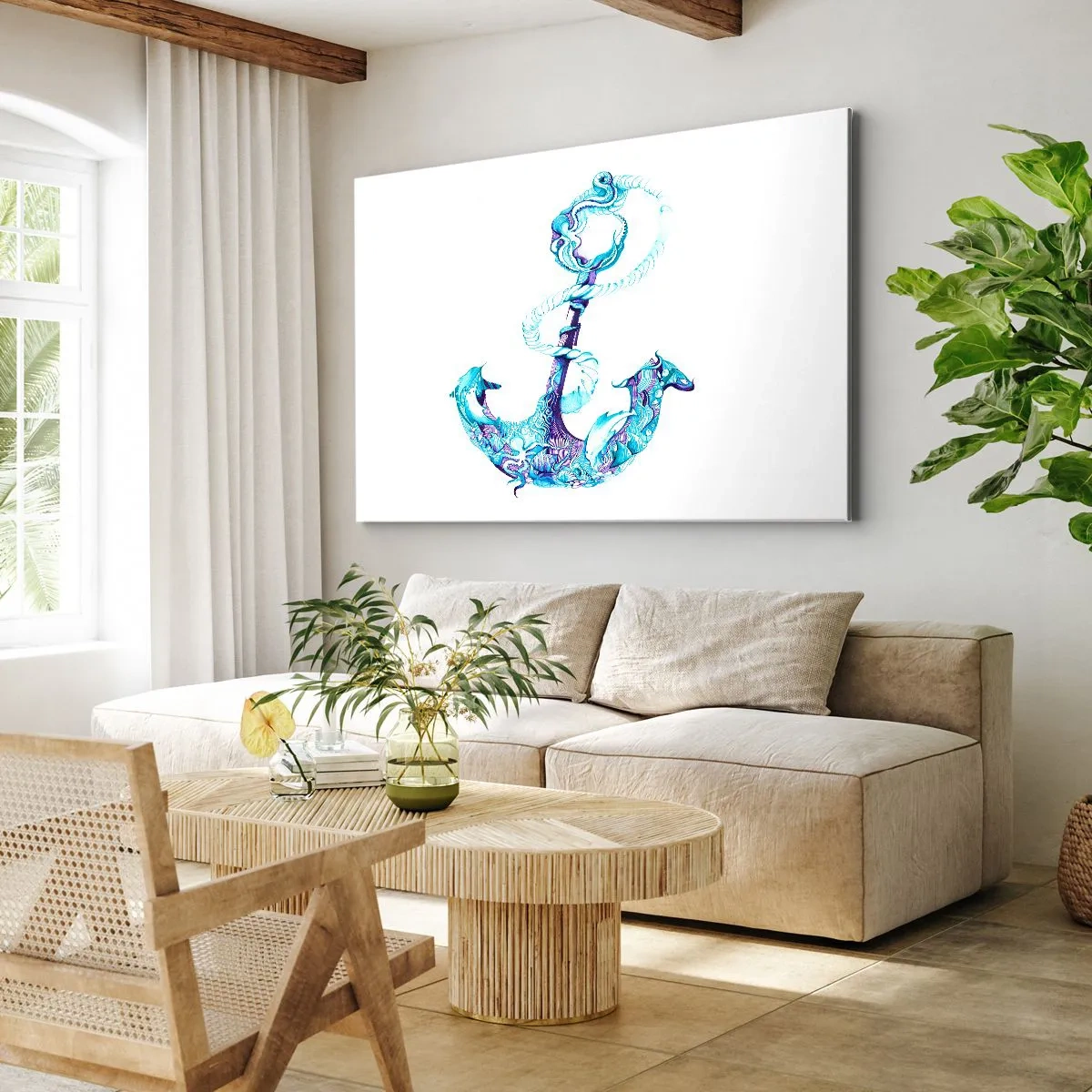 Bild auf Leinwand - Leinwandbild - Abstrakter Anker in Blautönen mit nautischen Details - 70x50cm - Der Vertraute der Geheimnisse des Meeres - Moderne Wanddekoration für Wohnzimmer und Schlafzimmer ARTTOR