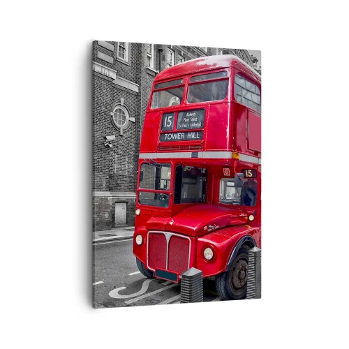 Bild auf Leinwand - Leinwandbild - Ein roter Doppeldeckerbus in London vor der Kulisse klassischer Architektur - 50x70cm - Immer gleich - Moderne Wanddekoration für Wohnzimmer und Schlafzimmer ARTTOR