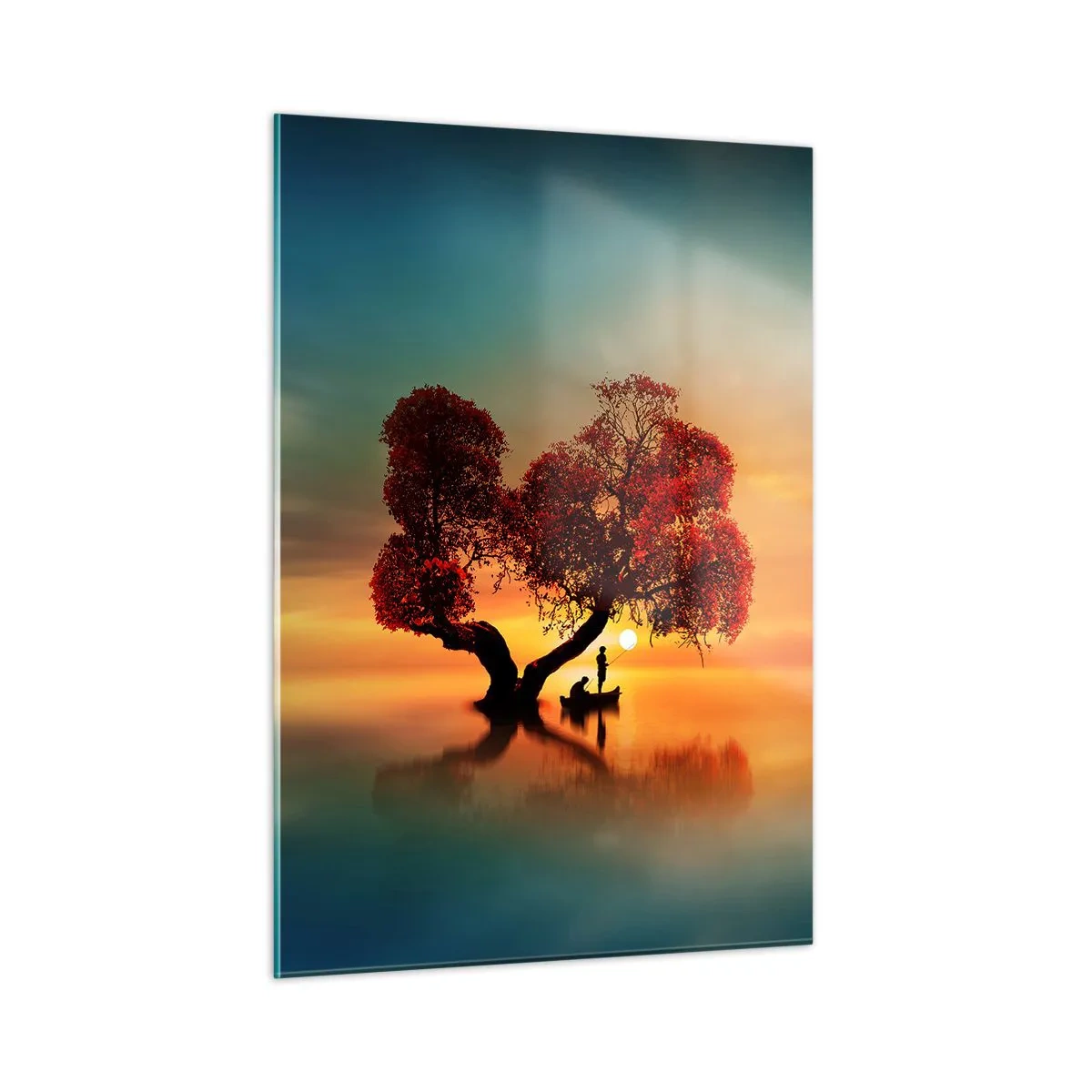 Glasbild - Bild auf glas - Ein Baum mit roten Blättern vor dem Hintergrund des Sonnenuntergangs - 50x70cm - Oddaysons und die Stille der Weltlosen - Moderne Wanddekoration für Wohnzimmer und Schlafzimmer ARTTOR
