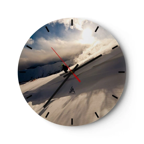 Wanduhr - Glasuhr - Ein Skifahrer auf einem verschneiten Hang im Sonnenschein - 30x30cm - Bergherausforderung angenommen - Moderne Wanddekoration für Wohnzimmer, Küche und Schlafzimmer ARTTOR