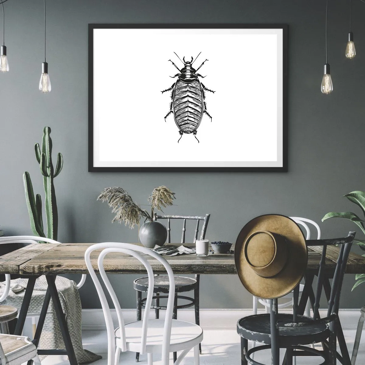 Poster in einem schwarzem Rahmen - Grafik eines schwarz-weißen Insekts auf weißem Hintergrund - 100x70cm - Was für ein Exemplar! - Moderne Wanddekoration für Wohnzimmer und Schlafzimmer ARTTOR