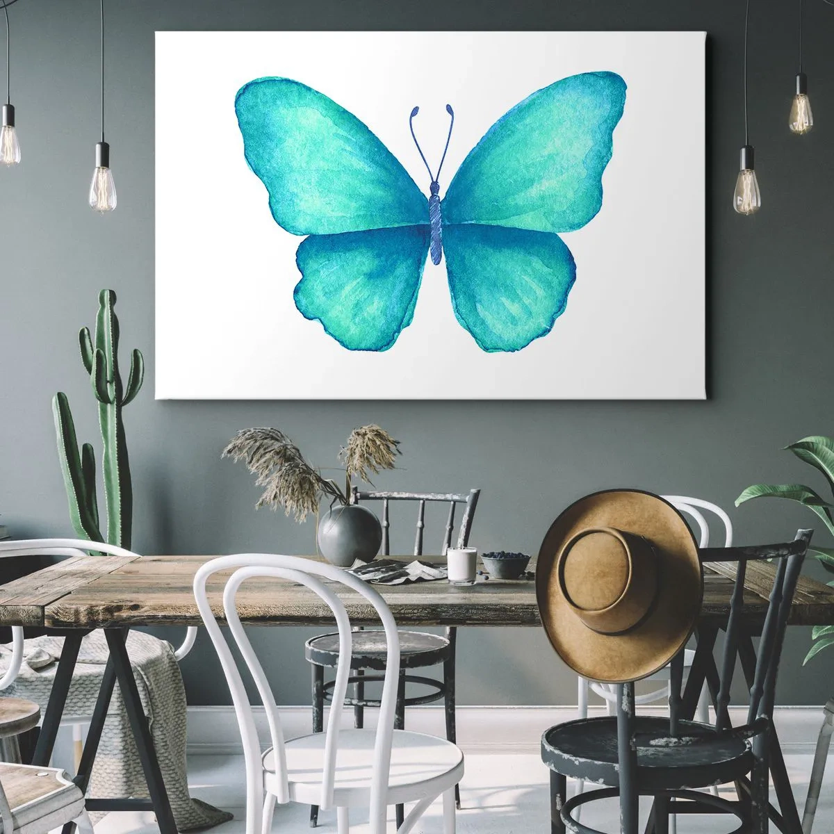Bild auf Leinwand - Leinwandbild - Blauer Schmetterling im Aquarellstil auf weißem Hintergrund - 120x80cm - Türkis von Natur aus - Moderne Wanddekoration für Wohnzimmer und Schlafzimmer ARTTOR