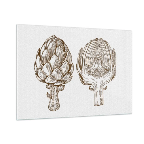 Glasbild - Bild auf glas - Botanische Zeichnung einer Artischocke im Ganzen und im Querschnitt - 100x70cm - Anatomie-Lektion - Moderne Wanddekoration für Wohnzimmer und Schlafzimmer ARTTOR