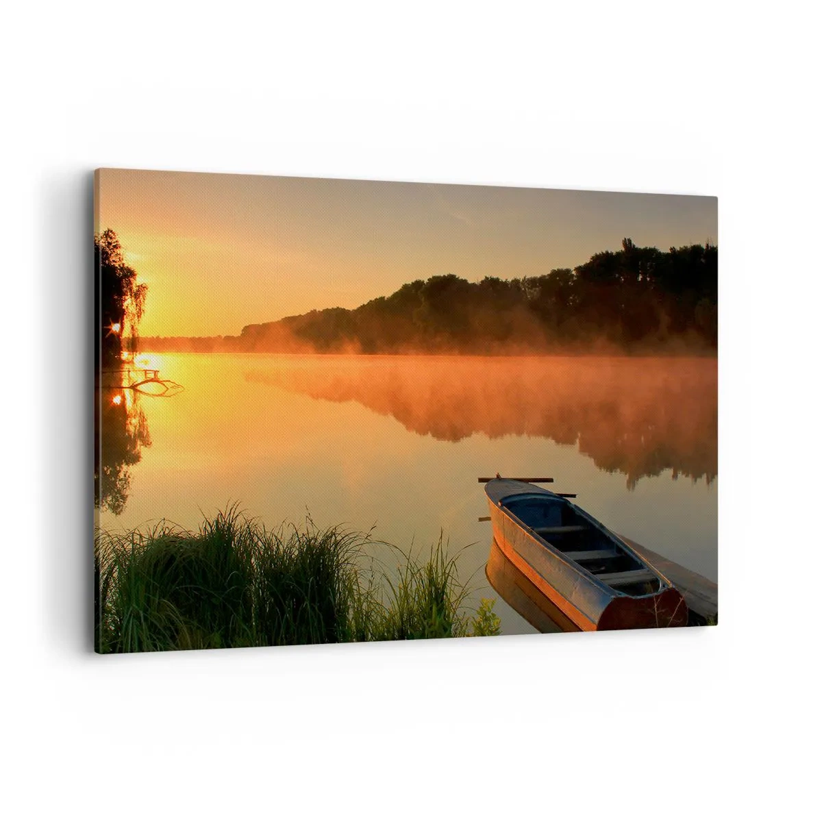 Bild auf Leinwand - Leinwandbild - Morgennebel über dem Fluss mit einem Boot in den Sonnenstrahlen - 100x70cm - Sonnenaufgang über dem Wasser wie ein Spiegel - Moderne Wanddekoration für Wohnzimmer und Schlafzimmer ARTTOR