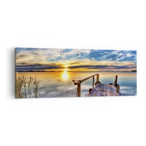 Bild auf Leinwand - Leinwandbild - Holzsteg über dem See bei Sonnenuntergang - 140x50cm - Der Wind geht zur Ruhe - Moderne Wanddekoration für Wohnzimmer und Schlafzimmer ARTTOR