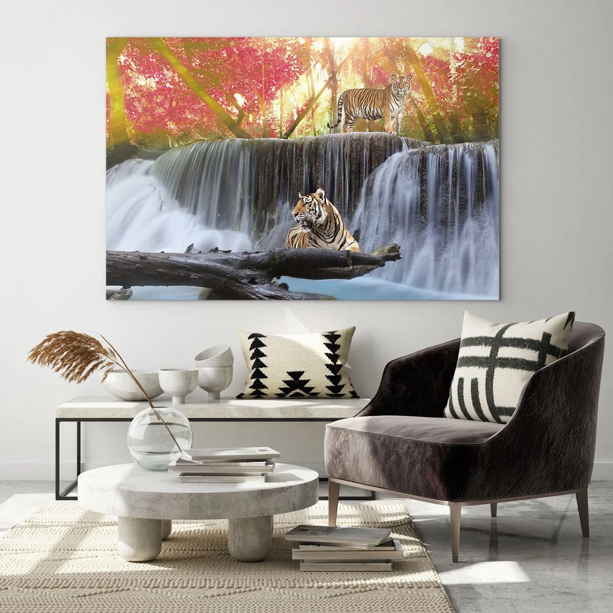 Glasbild - Bild auf glas - Tiger vor einem Wasserfall und Herbstlandschaft - 120x80cm - Surreale Landschaft - Moderne Wanddekoration für Wohnzimmer und Schlafzimmer ARTTOR