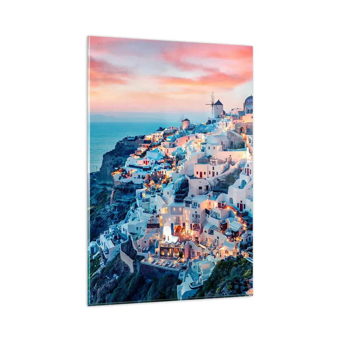 Glasbild - Bild auf glas - Santorini bei Sonnenuntergang mit weißen Gebäuden auf dem Hügel - 80x120cm - Dein toller griechischer Urlaub - Moderne Wanddekoration für Wohnzimmer und Schlafzimmer ARTTOR