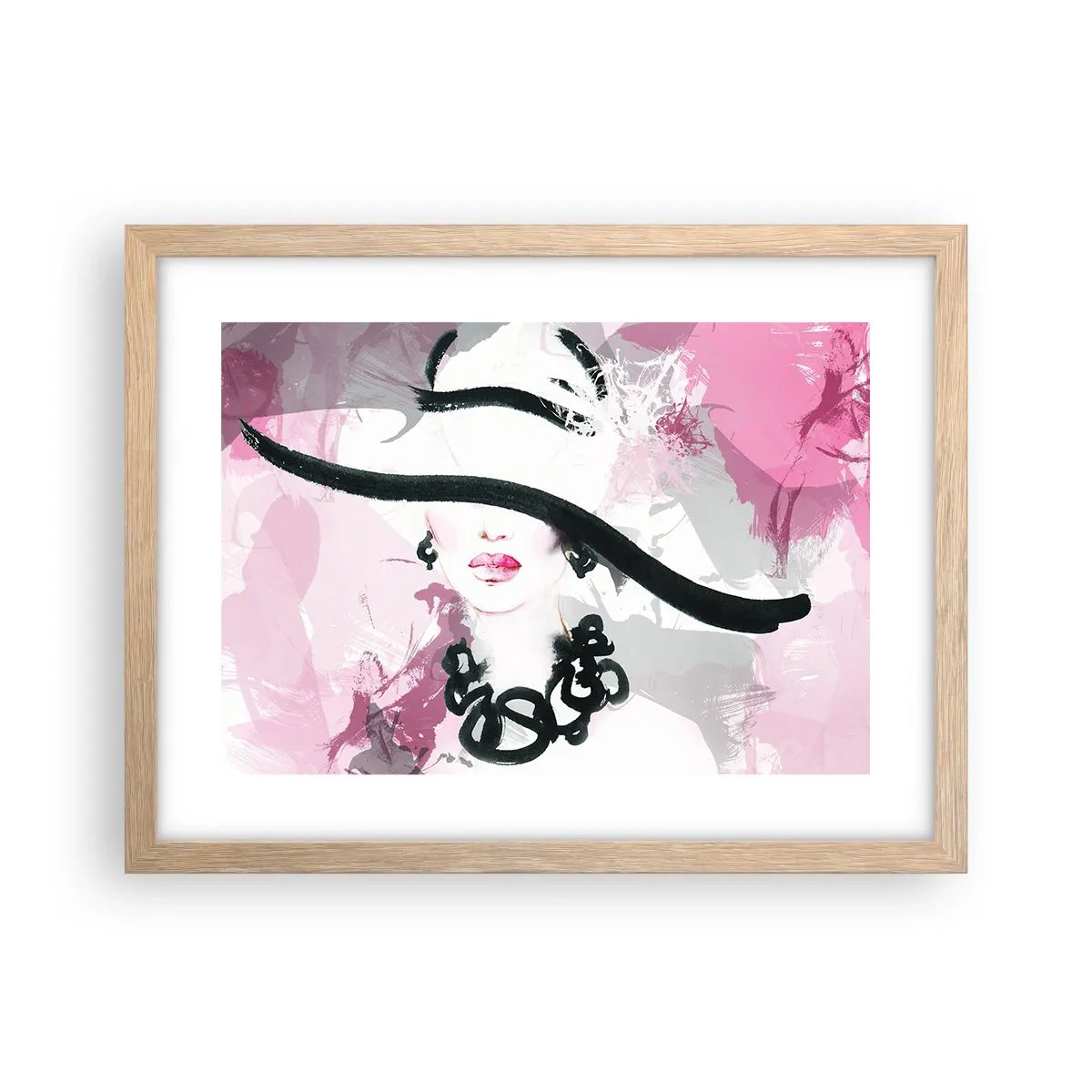 Poster in einem Rahmen aus heller Eiche - Bildnis einer Dame in Schwarz und Pink - 40x30 cm