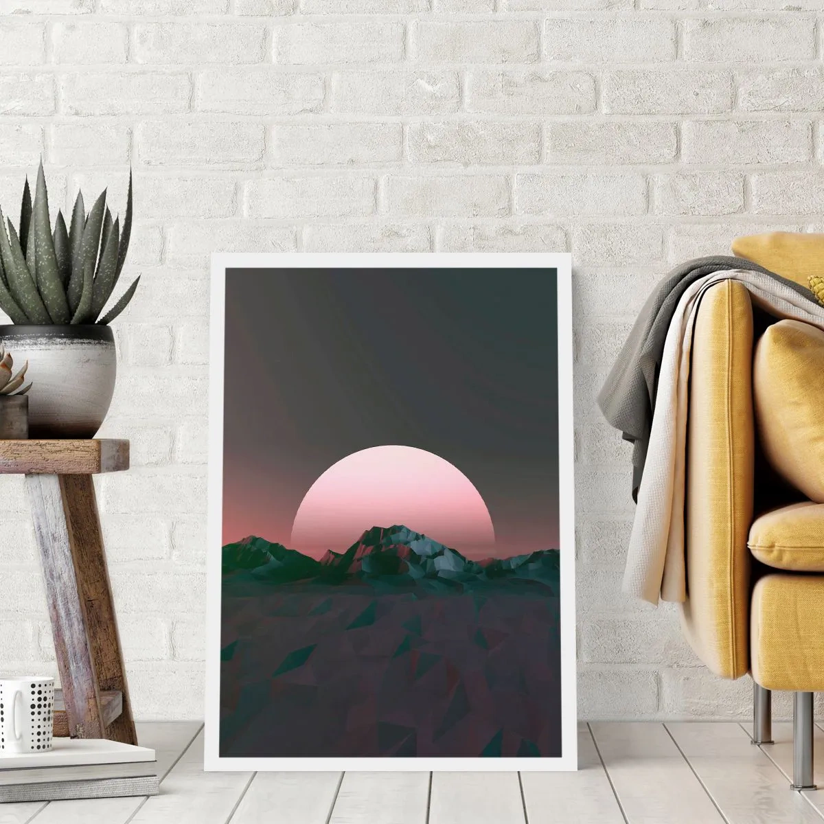 Poster - Fantasielandschaft mit rosa Mond und Bergen - 50x70cm - In einer Nachbargalaxie - Moderne Wanddekoration für Wohnzimmer und Schlafzimmer ARTTOR
