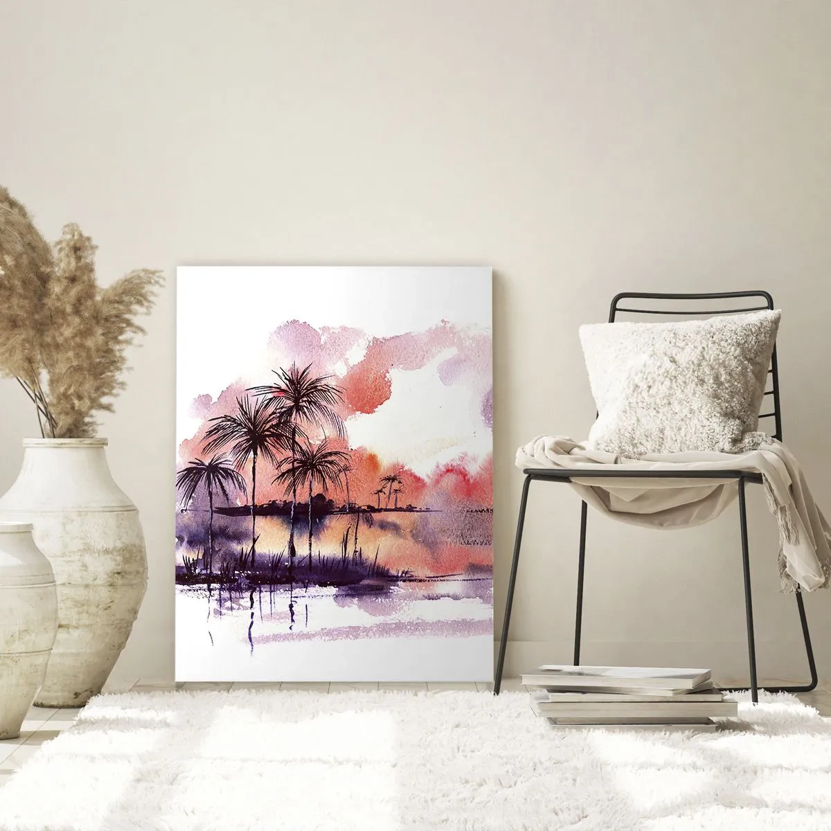 Glasbild - Bild auf glas - Tropische Landschaft mit Palmen bei Sonnenuntergang in Aquarell - 70x100cm - Die Ruhe der Tropen in Rot - Moderne Wanddekoration für Wohnzimmer und Schlafzimmer ARTTOR